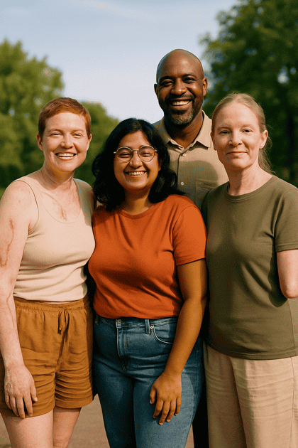 Diverse adults with visible differences and disabilities standing together outdoors in warm daylight, smiling and confident — promoting inclusion and body positivity.