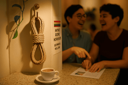 Warm, intimate café corner with coiled natural rope on a brass hook, espresso on terrazzo table, and two people laughing in background near a “Rope Workshop” flyer.