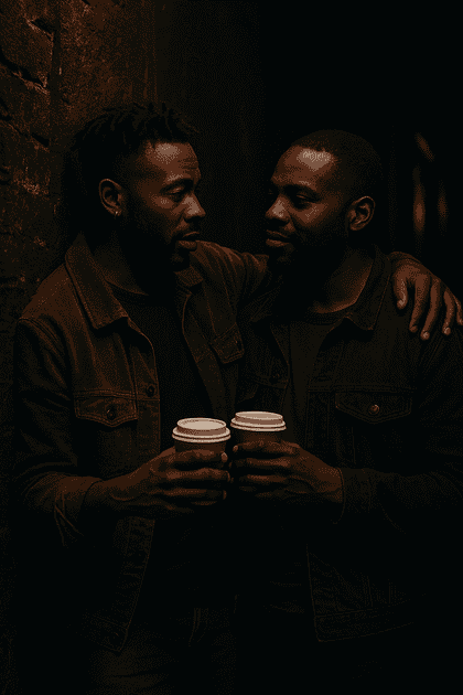 Cinematographic, moody portrait of two Black men in a dark alley corner, holding takeaway coffees and sharing an intimate chat.