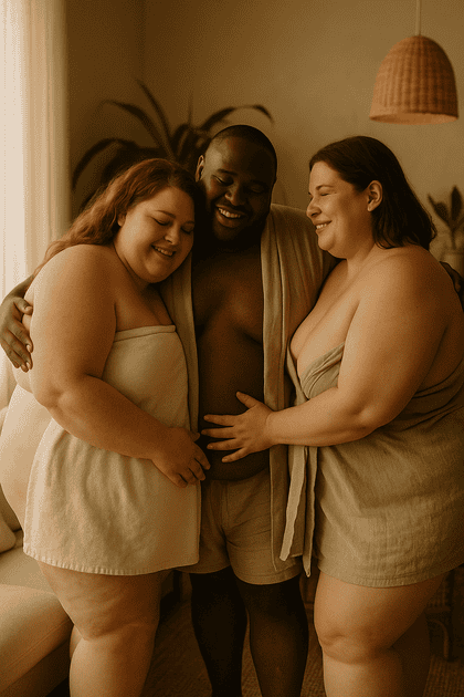 Three plus-size adults — two women and one man — standing close together in a cozy, sunlit lounge. Warm, affectionate, and body-positive atmosphere celebrating confidence and inclusion.