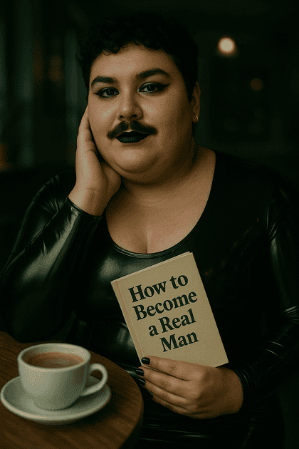 Intimate portrait of a nonbinary person in a cozy café, reading a zine titled “Consent Culture” with a latte in the foreground. Confident expression, soft light, and Pride hues in the blurred background.