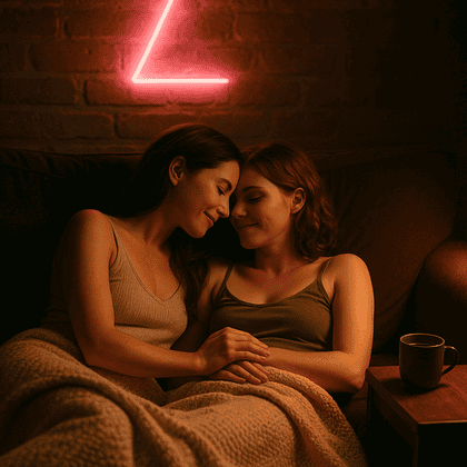 Two women cuddle on a sofa under soft pink neon, cozy blanket, with coffee on the side table—cinematic, intimate, PG-13.