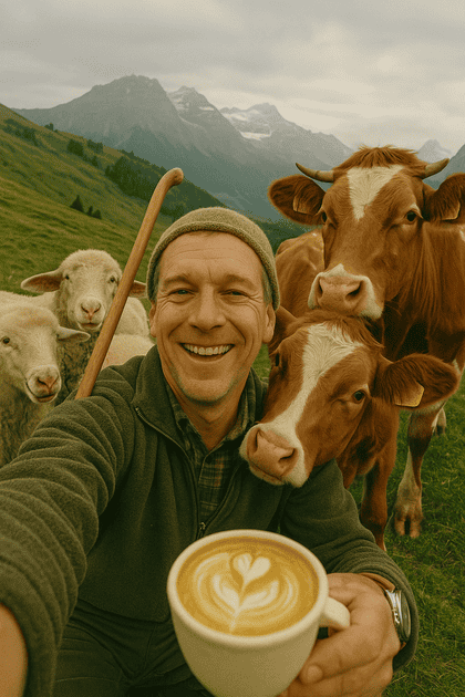 Amateur-style selfie of a smiling shepherd on a Swiss mountain, surrounded by happy cows and sheep under cloudy light — a candid, natural family-photo vibe.