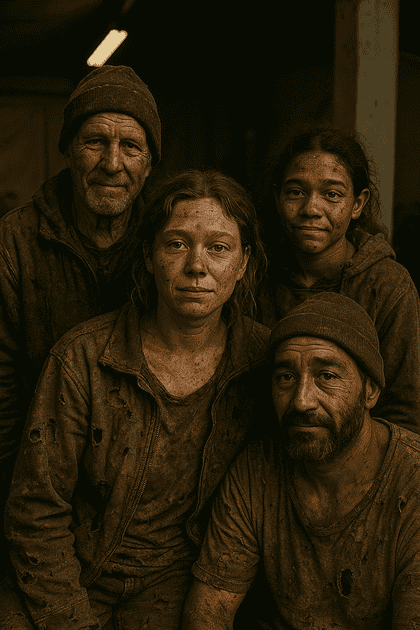 Humanitarian-style portrait of four people inside a community shelter, wearing worn clothing with visible signs of labor and fatigue, portrayed with empathy and dignity under warm indoor lighting.