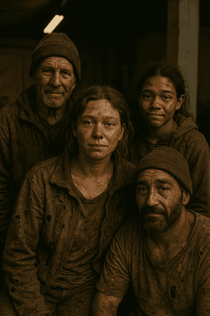 Humanitarian-style portrait of four people inside a community shelter, wearing worn clothing with visible signs of labor and fatigue, portrayed with empathy and dignity under warm indoor lighting.