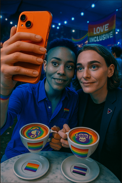 Same-sex couple clinking demitasse in a chic, warmly lit hotel café; landing-page hero for a dating app.